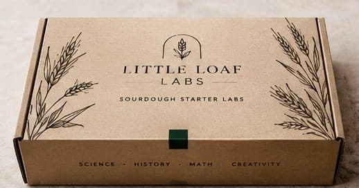 Kraft Little Loaf Labs box with botanical wheat illustrations and an emerald seal