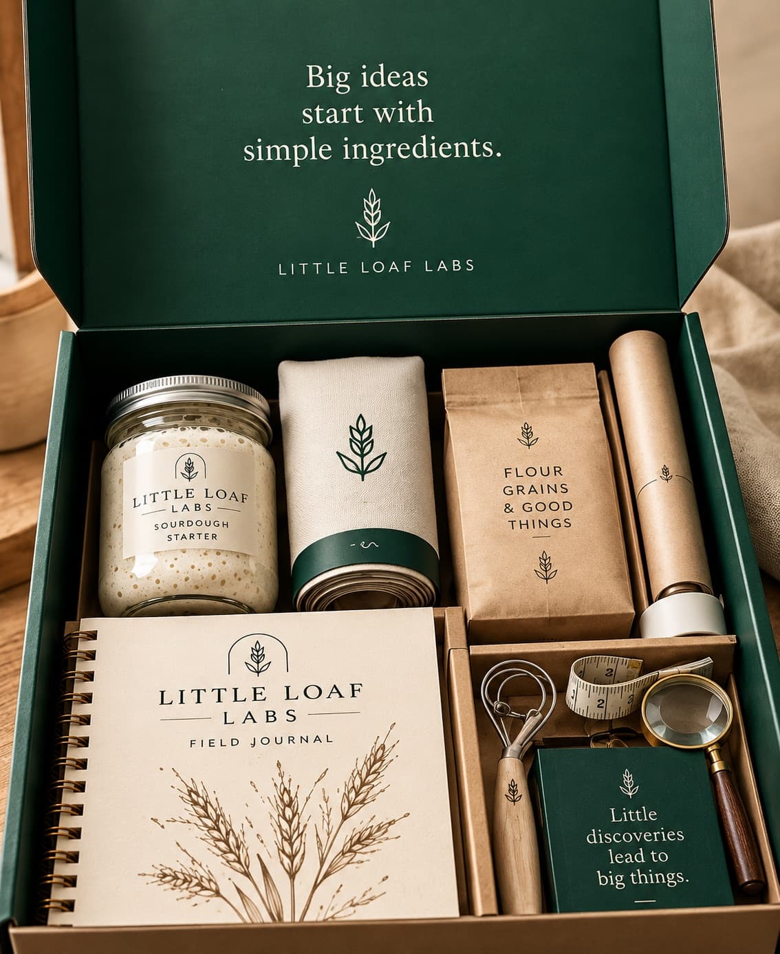 Emerald-green box interior reading 'Big ideas start with simple ingredients' above a starter jar, flour, field journal, and tools