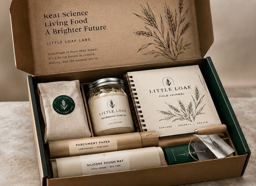 An open Little Loaf Labs Starter Lab box with a field journal, starter jar, parchment roll, and silicone dough mat