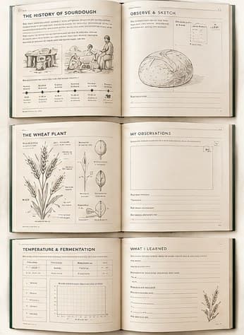 Field journal spreads: the history of sourdough, the wheat plant, and a temperature and fermentation data page