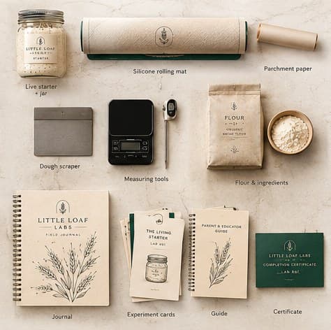 Starter Lab components laid out: starter jar, rolling mat, parchment, scraper, measuring tools, flour, journal, experiment cards, guide, and certificate