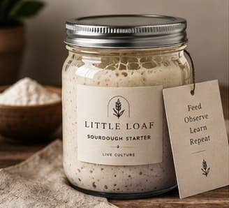 Little Loaf sourdough starter jar with live culture label
